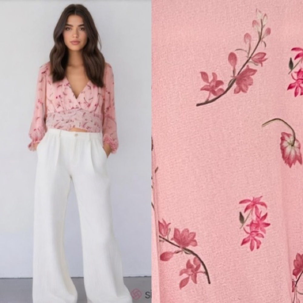 NWT Aritzia Wilfred Wistful Smocked Crop Blouse Floral Long Sleeve Pink Medium